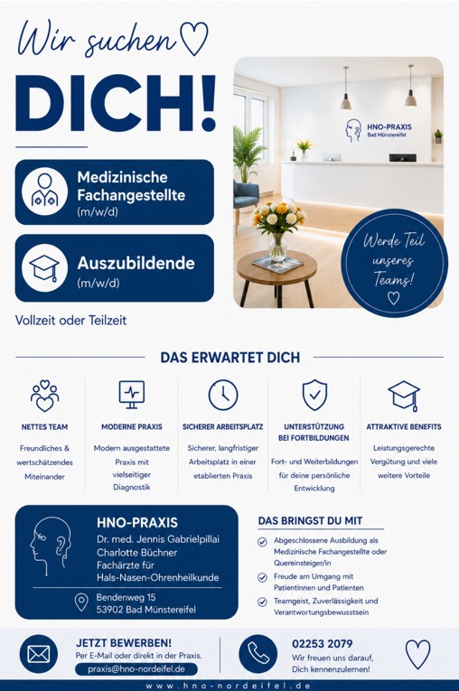 Stellenanzeige: Wir suchen Dich! Medizinische Fachangestellte (m/w/d) und Auszubildende (m/w/d). Vollzeit oder Teilzeit. Jetzt bewerben per E-Mail oder direkt in der Praxis.